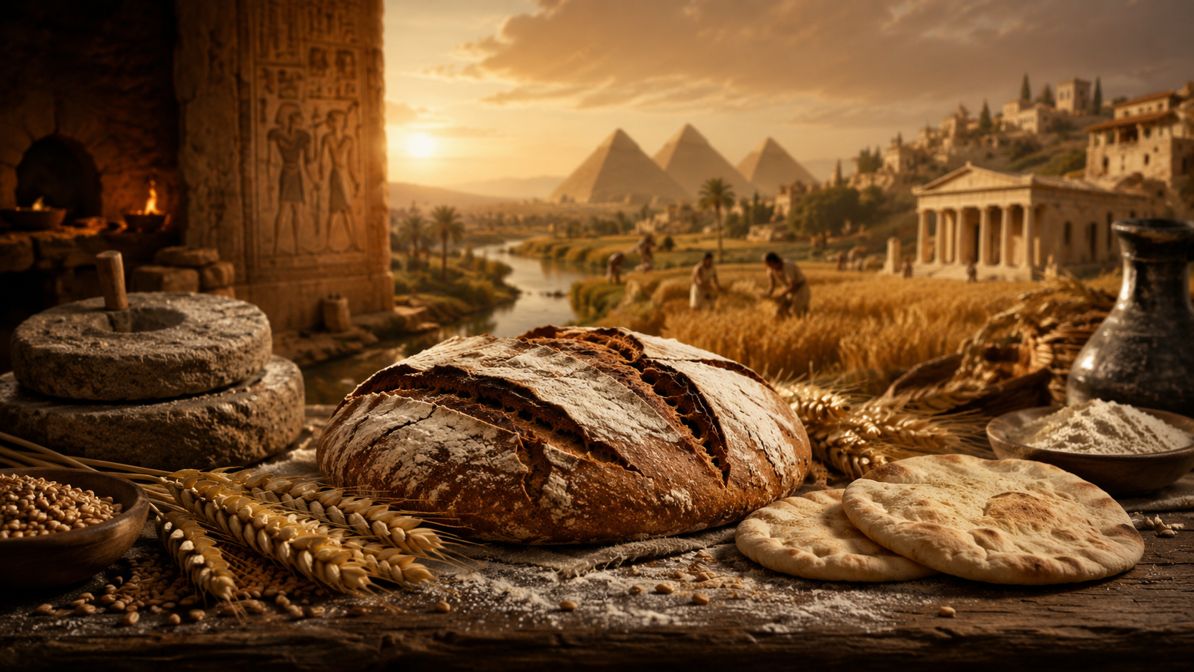 Pães, trigo e antigas civilizações representando a história do pão