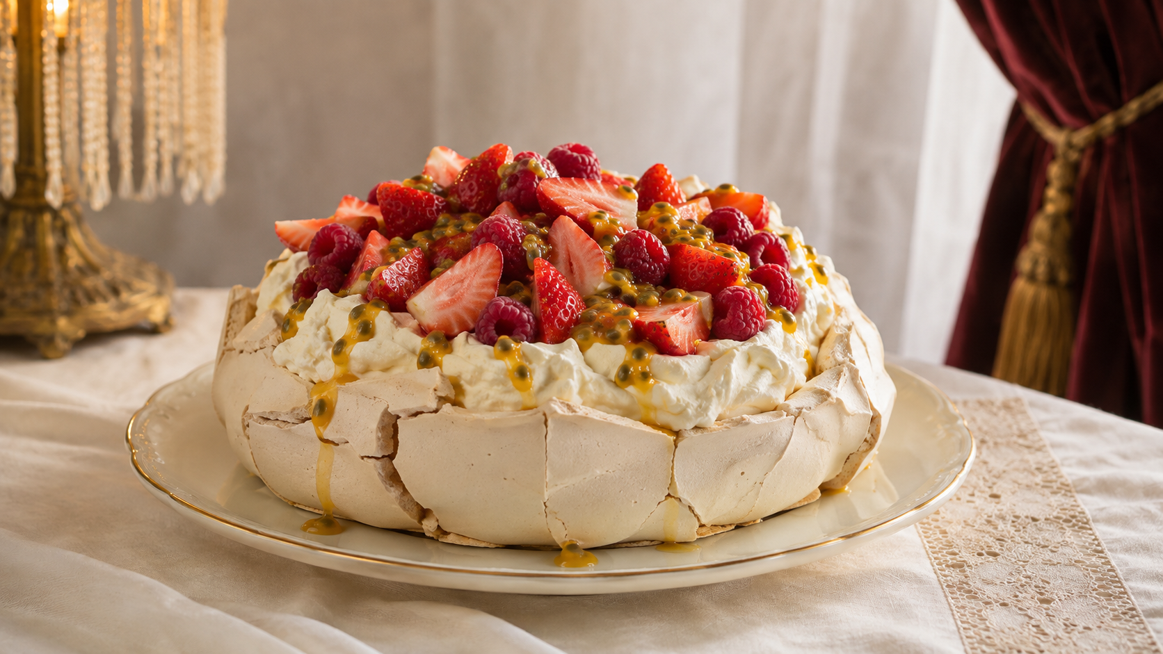 Pavlova com merengue crocante, creme, morangos, framboesas e maracujá