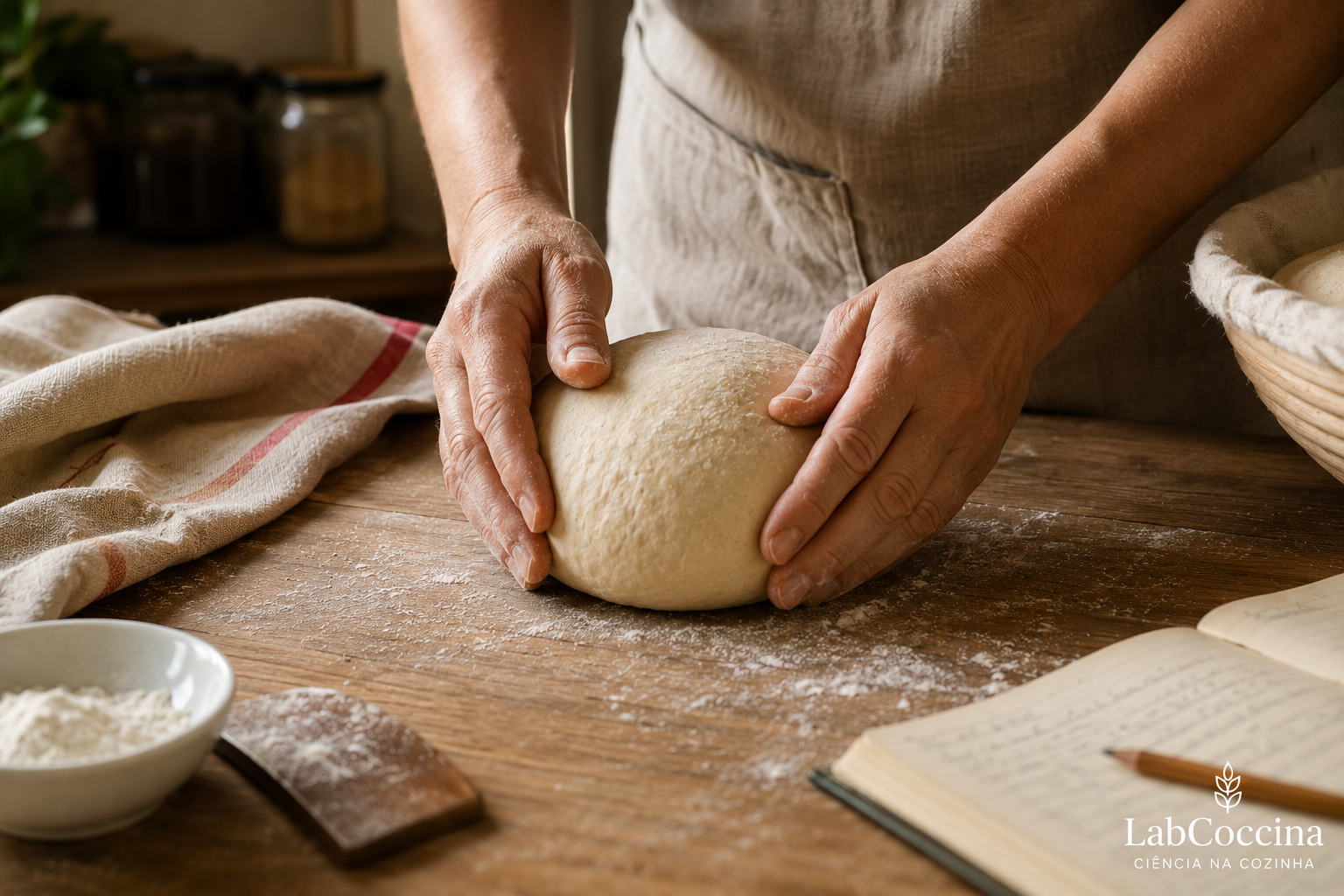 Mãos modelando uma massa de pão sobre a bancada para criar tensão superficial