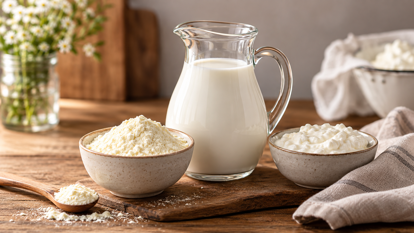 Imagem editorial com leite, leite em pó e derivado lácteo cremoso, representando as proteínas do leite e sua presença em diferentes matrizes alimentares.