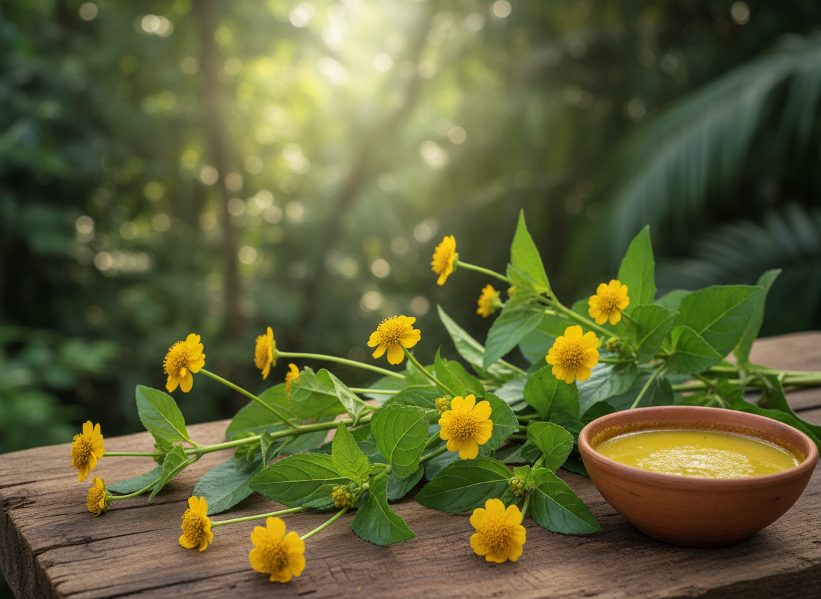 Planta de jambu com folhas verdes e inflorescências amarelas em composição editorial.
