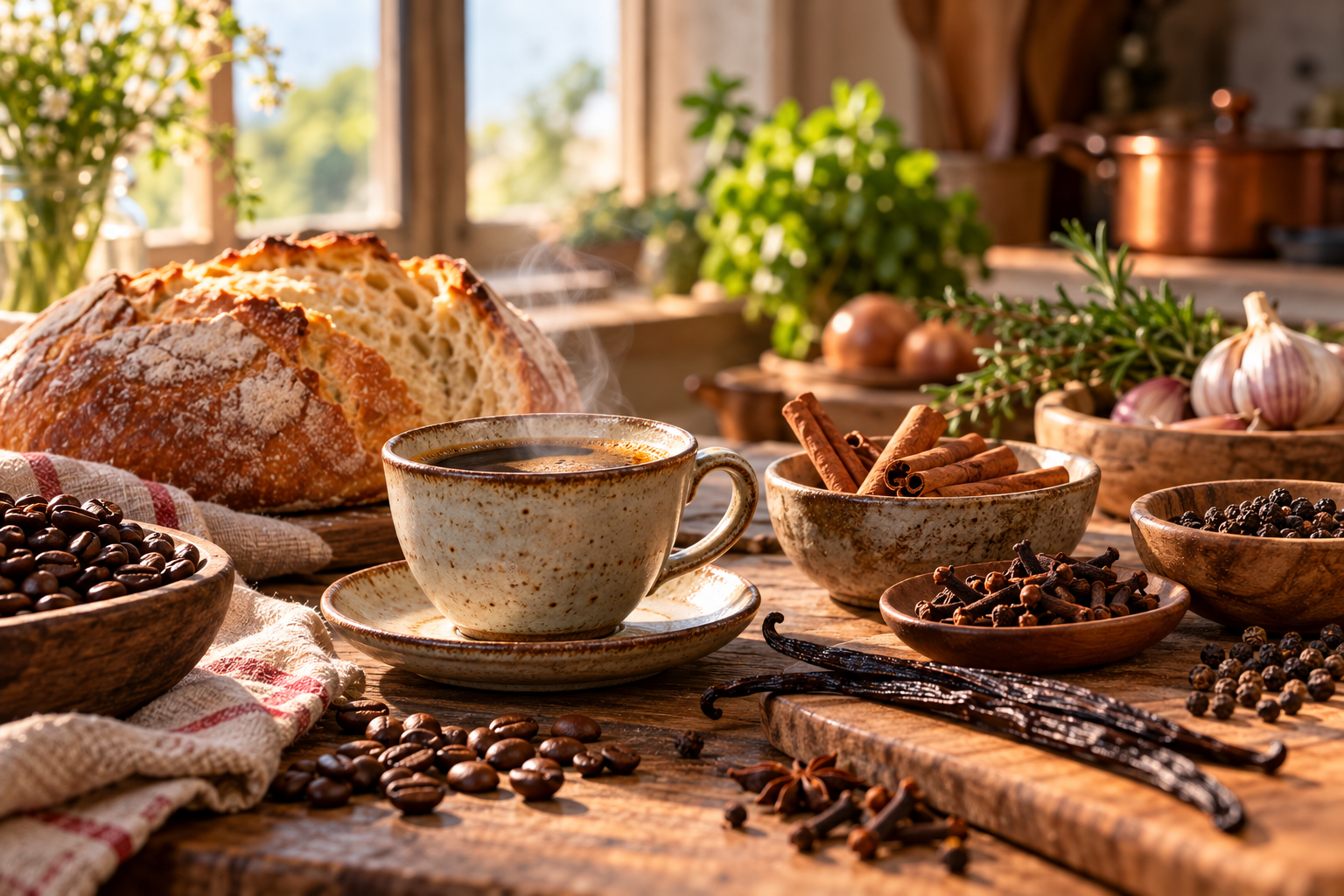 Xícara de café fumegante, pão artesanal, canela, cravo-da-índia, baunilha e grãos de café sobre uma mesa rústica iluminada pela luz natural.