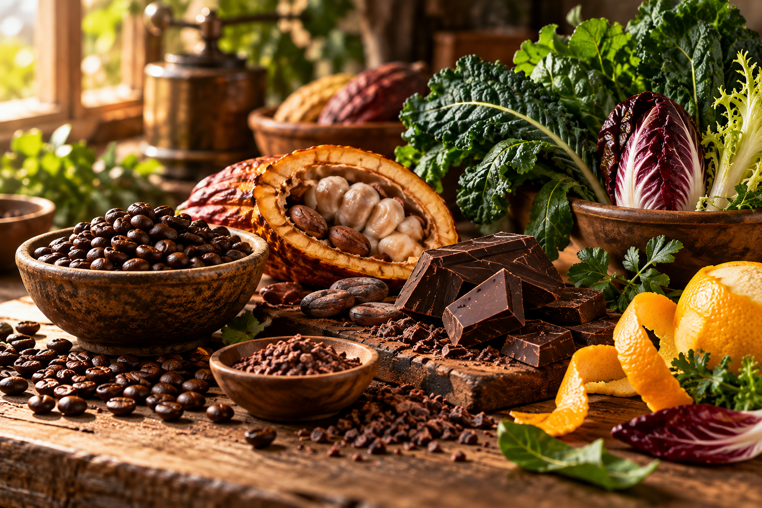 Composição gastronômica com grãos de café, cacau aberto, chocolate amargo, folhas verdes e radicchio sobre mesa rústica.