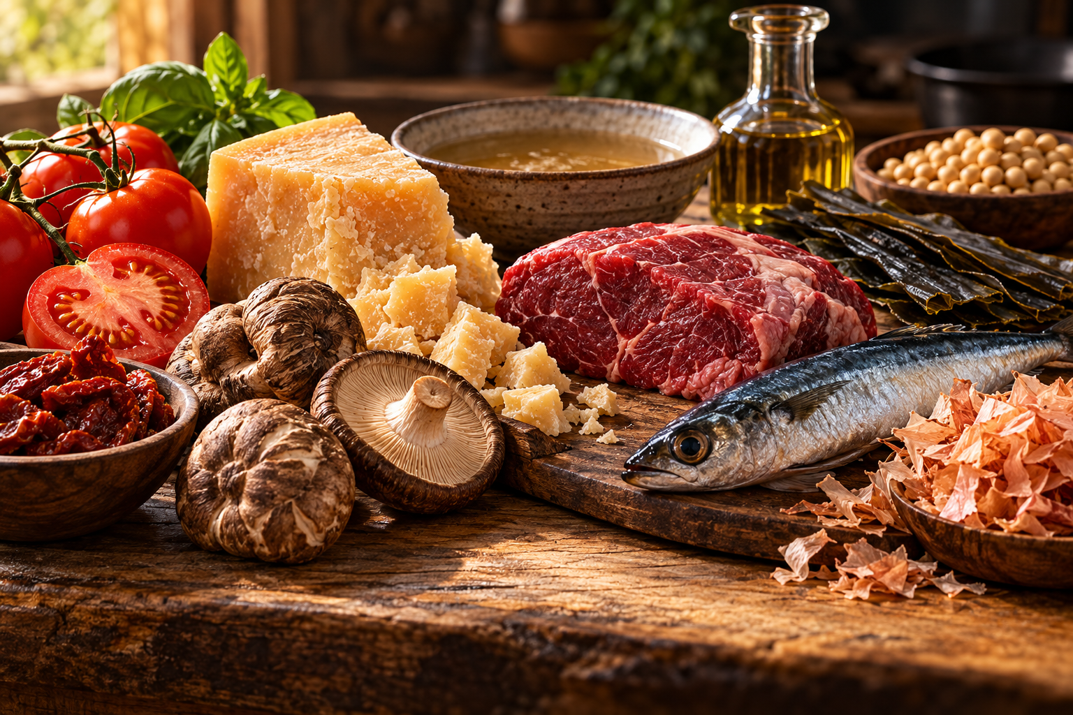 Composição gastronômica com tomates maduros, queijo parmesão, cogumelos shiitake, kombu, carne, peixe, katsuobushi e caldo sobre uma mesa rústica.