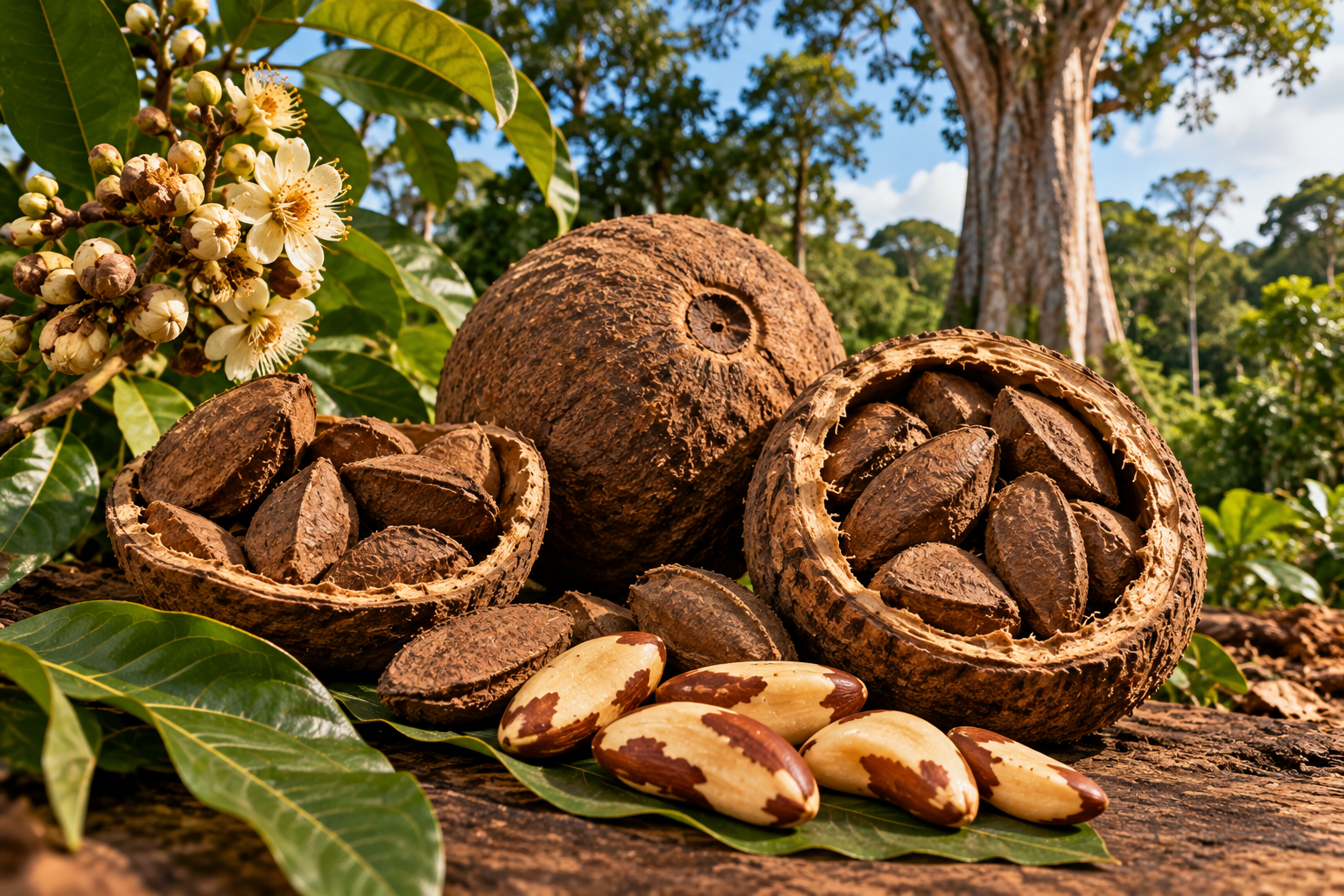 Ouriços lenhosos arredondados da castanha-do-brasil, um inteiro e outros abertos revelando sementes de casca marrom, com castanhas descascadas sobre folhas verdes diante de uma floresta tropical.