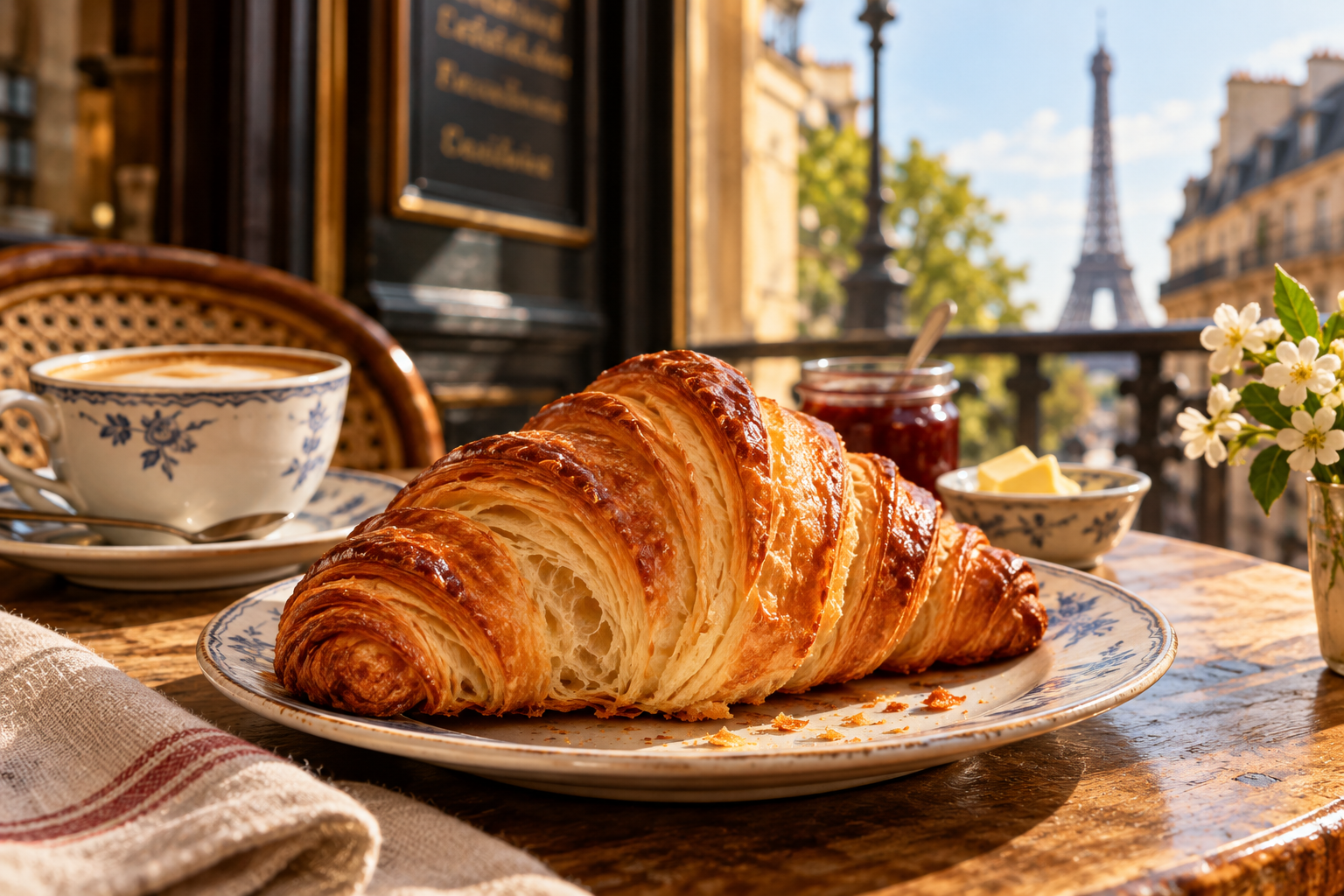 Croissant dourado e folhado sobre prato de porcelana, acompanhado de café em uma mesa de bistrô parisiense, com a Torre Eiffel desfocada ao fundo.
