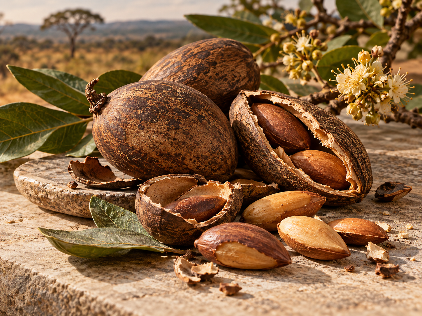 Frutos de baru abertos mostrando a amêndoa comestível, folhas e flores do barueiro em paisagem do Cerrado.