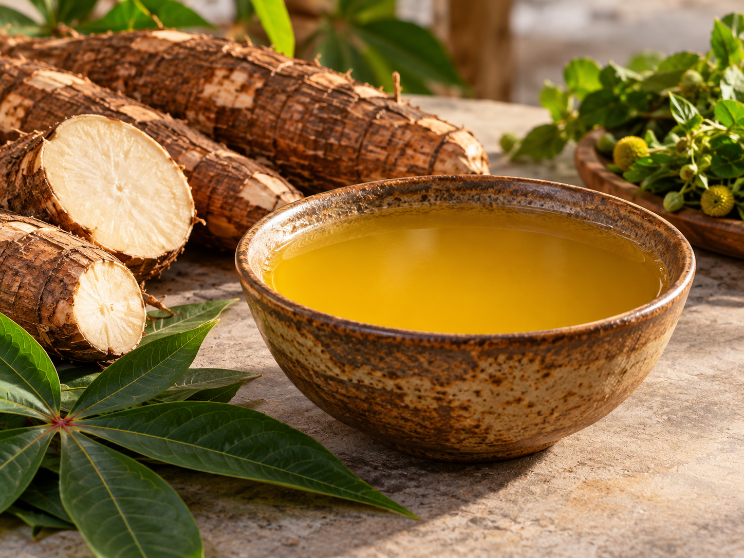 Tucupi dourado em tigela de cerâmica ao lado de raízes e folhas de mandioca.
