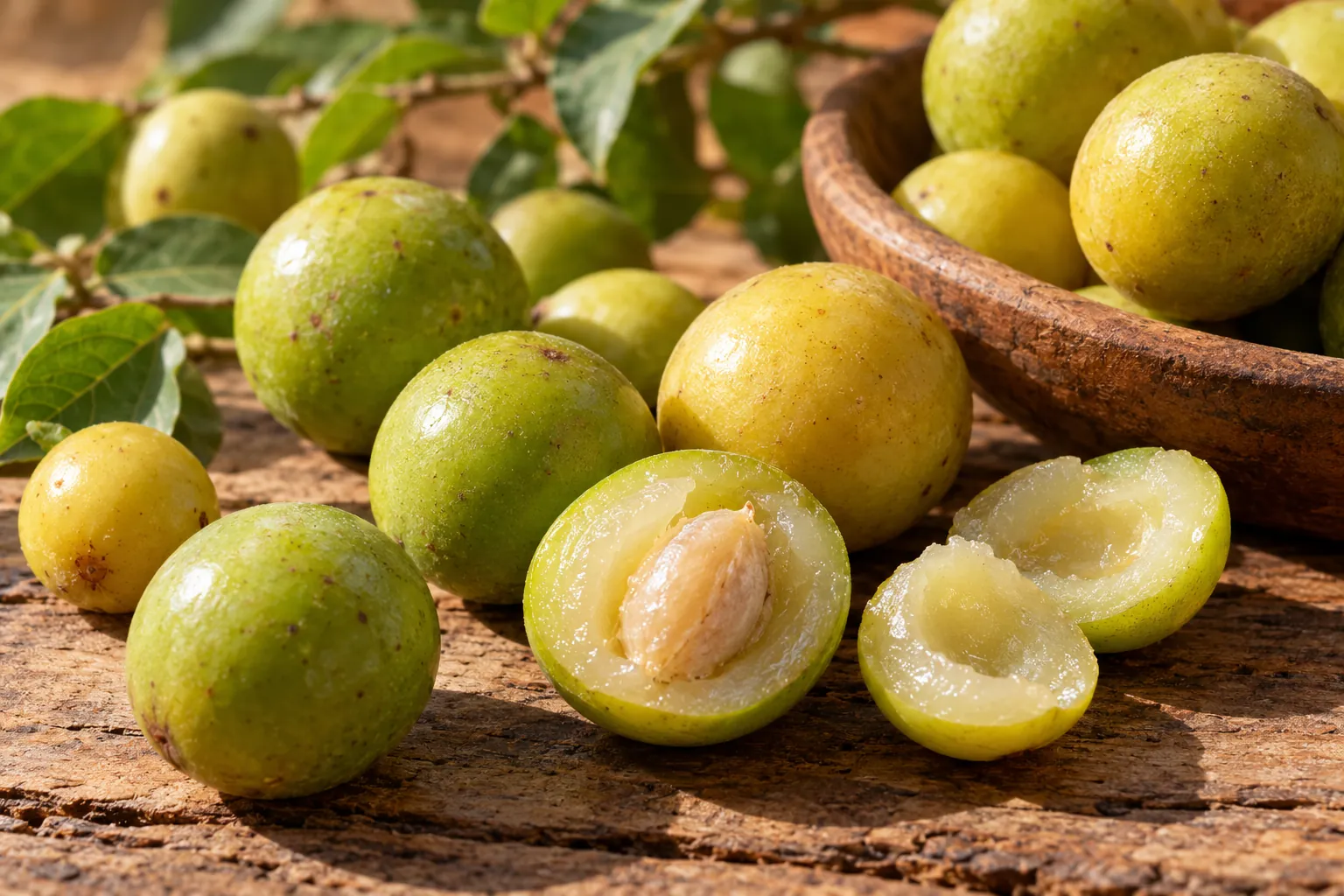 Umbus verdes e amarelados, inteiros e abertos, sobre uma mesa de madeira rústica.